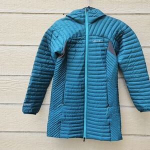 Eddie Bauer teal stormdown 800 mid-length down hooded lightweight coat XS